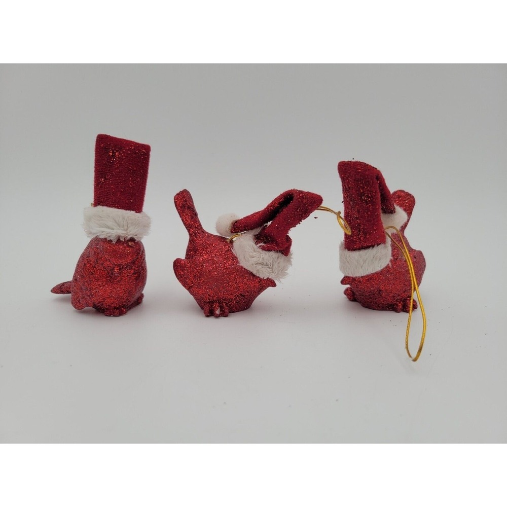Set Of 3 Glitter Red Cardinal Birds In Santa Hat Ornaments Christmas Tree Decor
